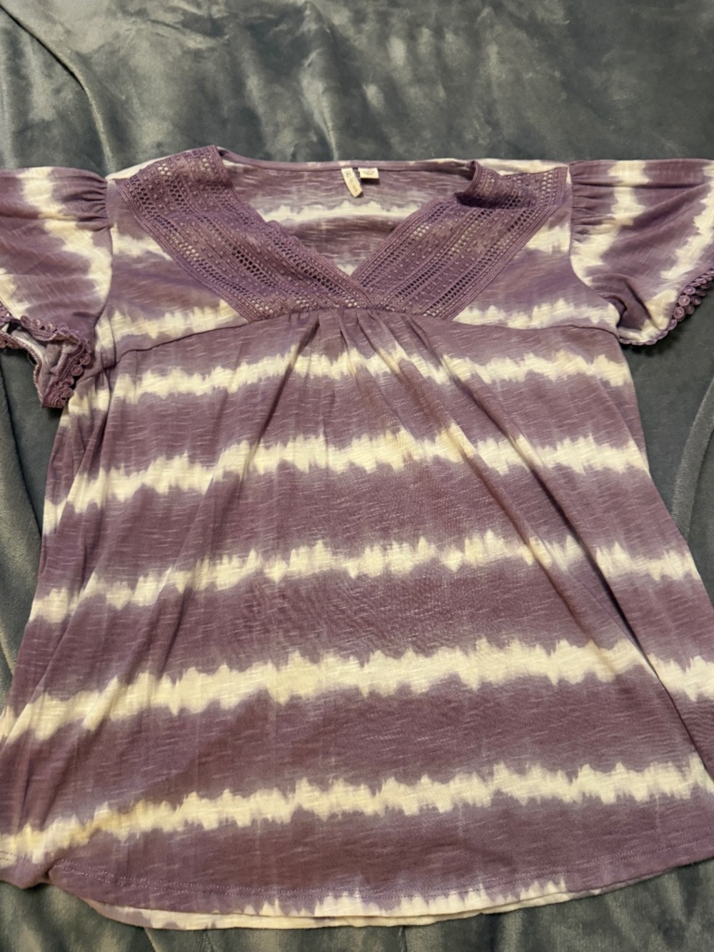 Cato Women's Medium Purple Cream Tie Dye Crochet V-Neck Boho Top